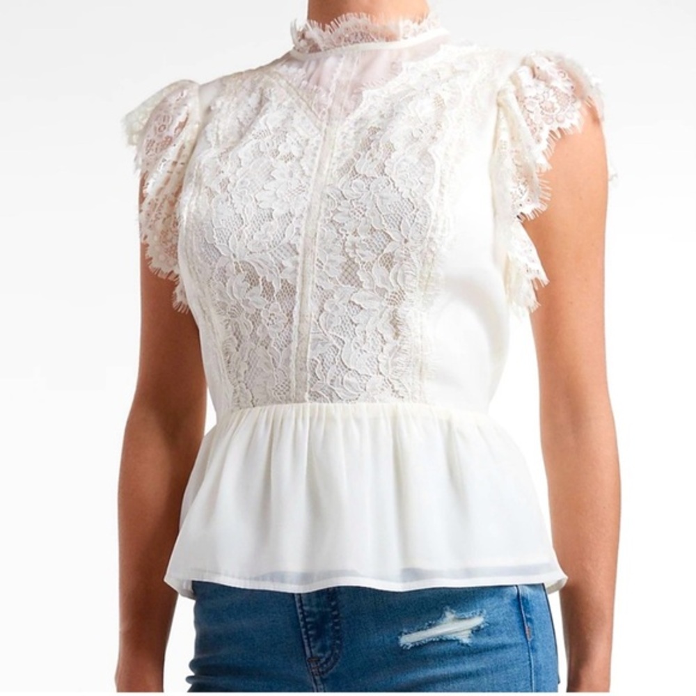 Express Lace Organza Sleeveless Shirt Back Zip And Clasp Closure Ruffle Fem New